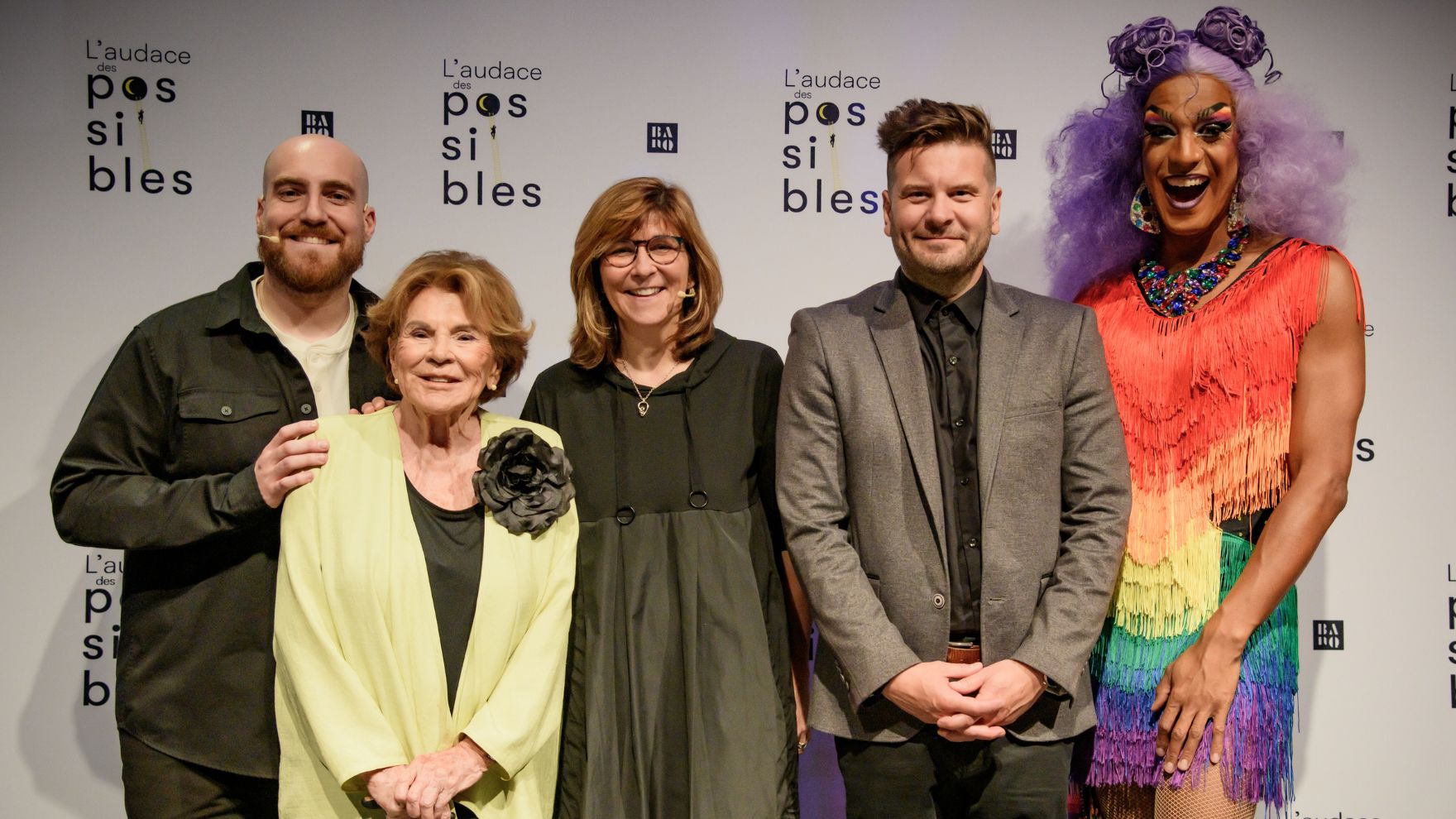 Phil Roy, Janette Bertrand, Marie Grégoire, Mathieu Thuot-Dubé et Barbada de Barbades lors de la deuxième édition de L'Audace des possibles.