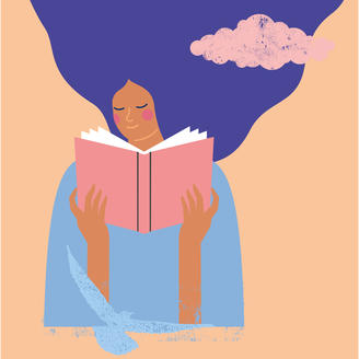 Illustration. Femme aux longs cheveux lisant un livre.