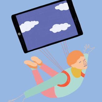 Illustration. Homme dont le parachute est une tablette numérique.
