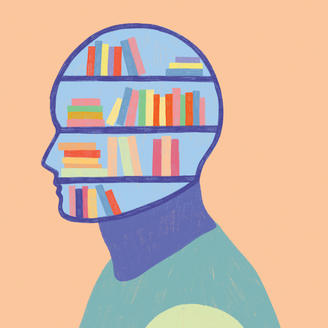 Illustration. Personne de profil dont la tête est remplis de livres.