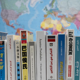 Livres en arabe, en chinois et en espagnol devant une carte du monde.