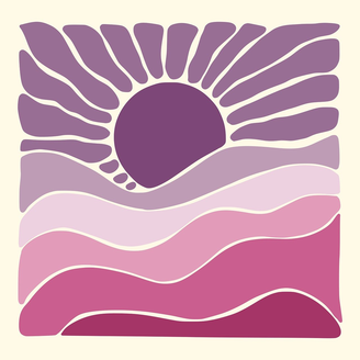 Illustration d'un coucher de soleil sur une montagne sous forme de trait de pinceau de différentes teintes de violet.
